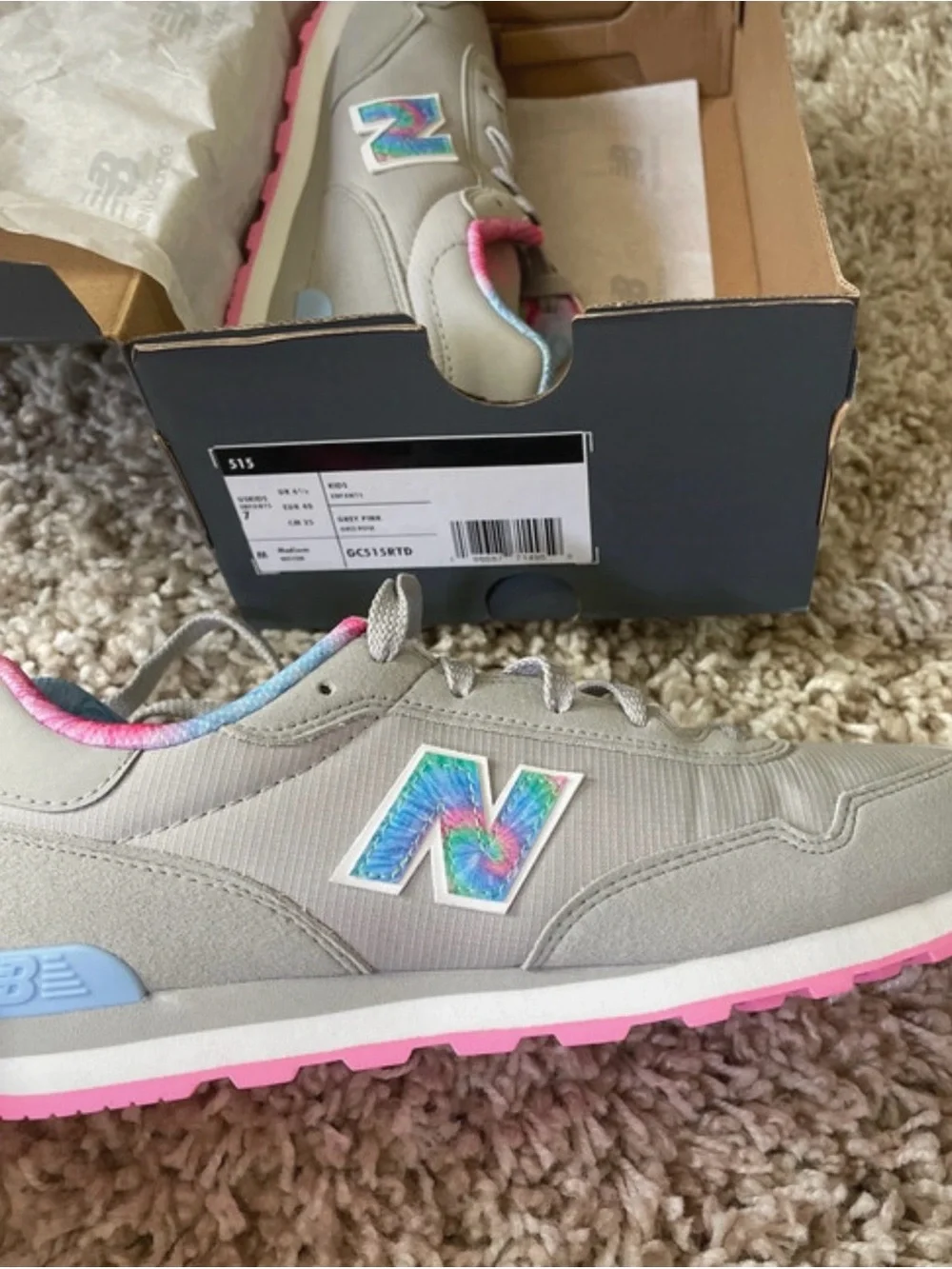 New Balance Kids Gray Sneakers with Pink and Tie-Dye Accents